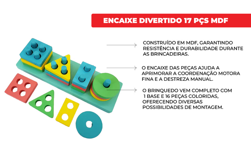 Encaixe Divertido 17 Pçs MDF Brinquedo Educativo Didático Infantil Pedagogia Colorido Cores Sortidas