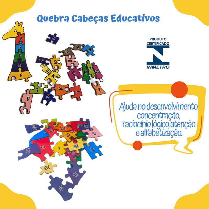 Quebra Cabeça Educativo Alfabeto e Números em MDF Brinquedo Educativo e Pedagógico